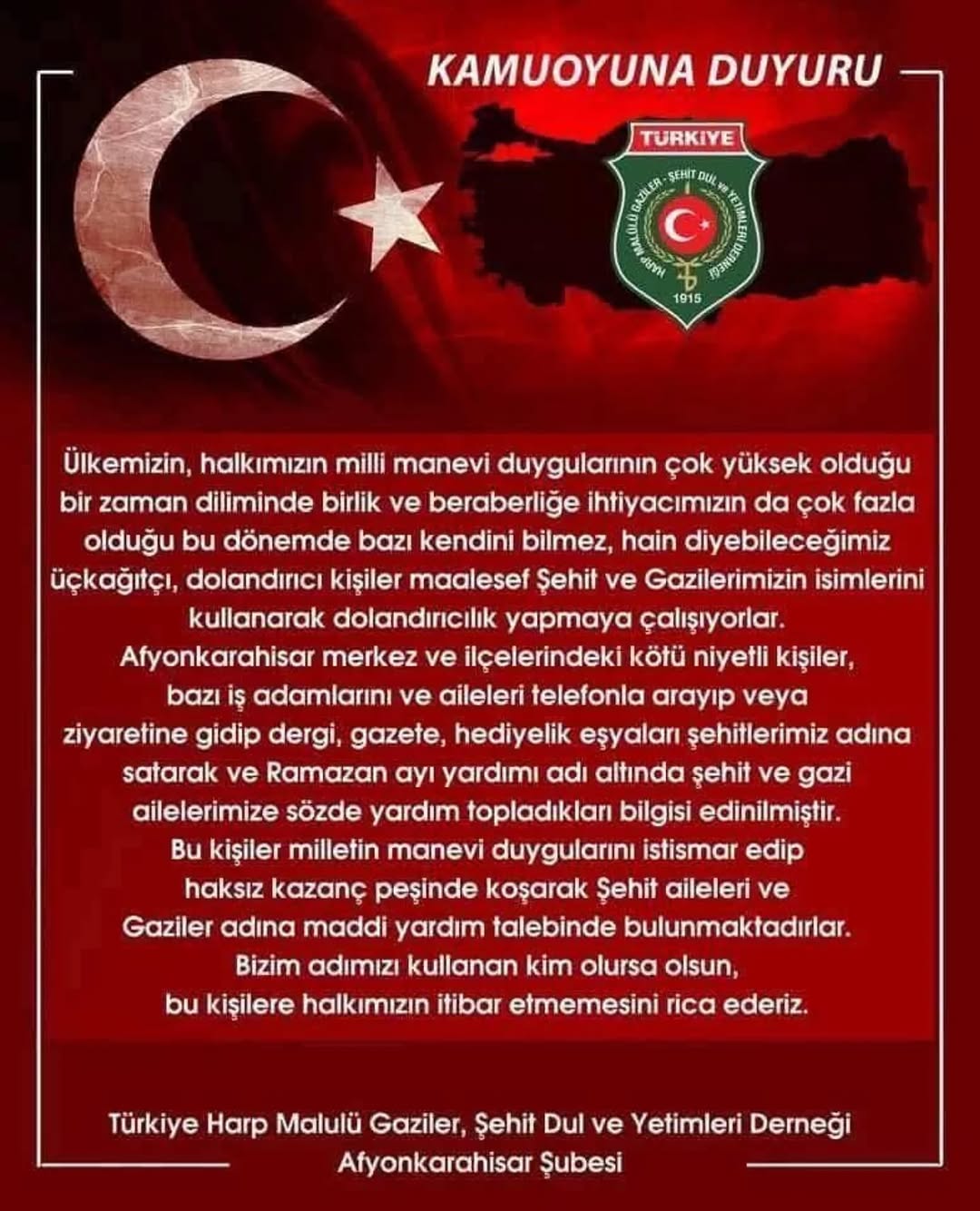 Afyonkarahisar'da Şehit ve Gazi Dernekleri Hakkında Uyarı