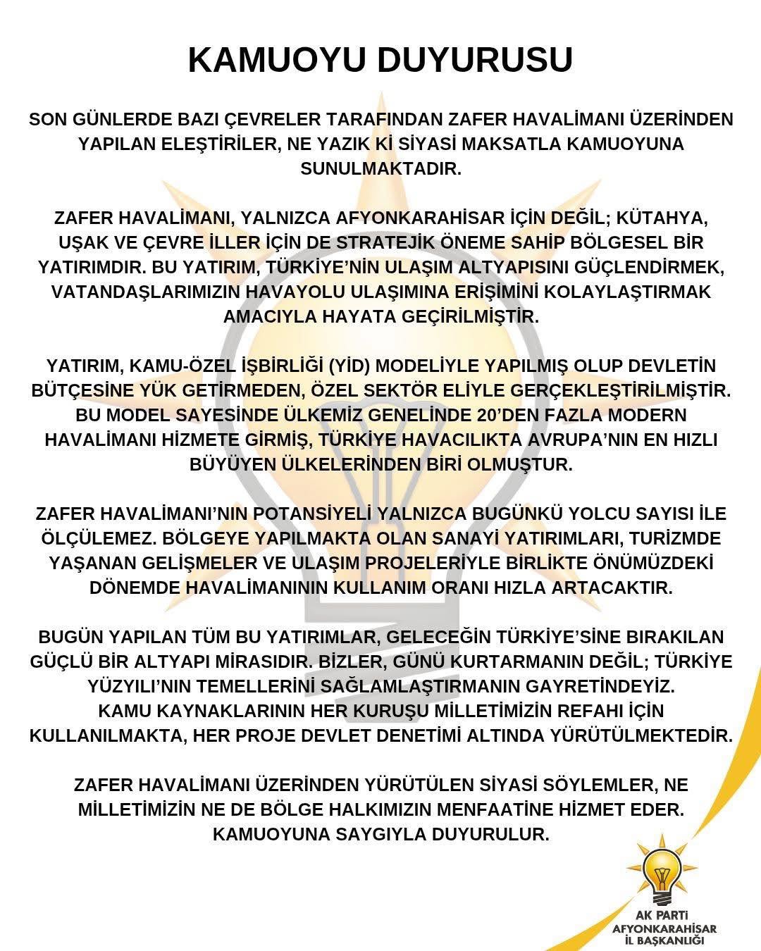 Zafer Havalimanı Hakkında Kamuoyuna Bilgilendirme