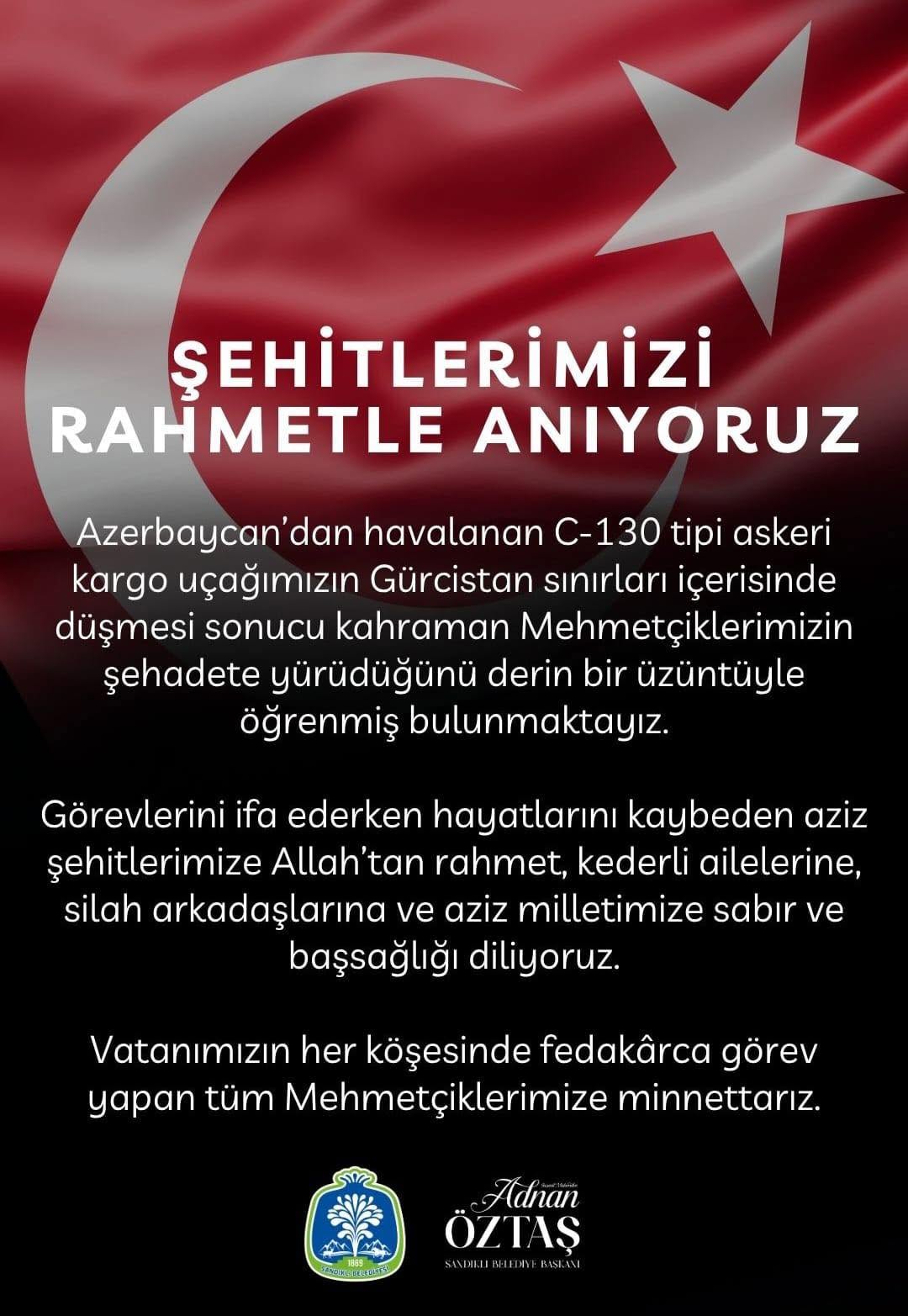 Azerbaycan'dan Gelen Kargo Uçağının Düşmesi Sonucu Şehit Olan Askerlerimize Başsağlığı