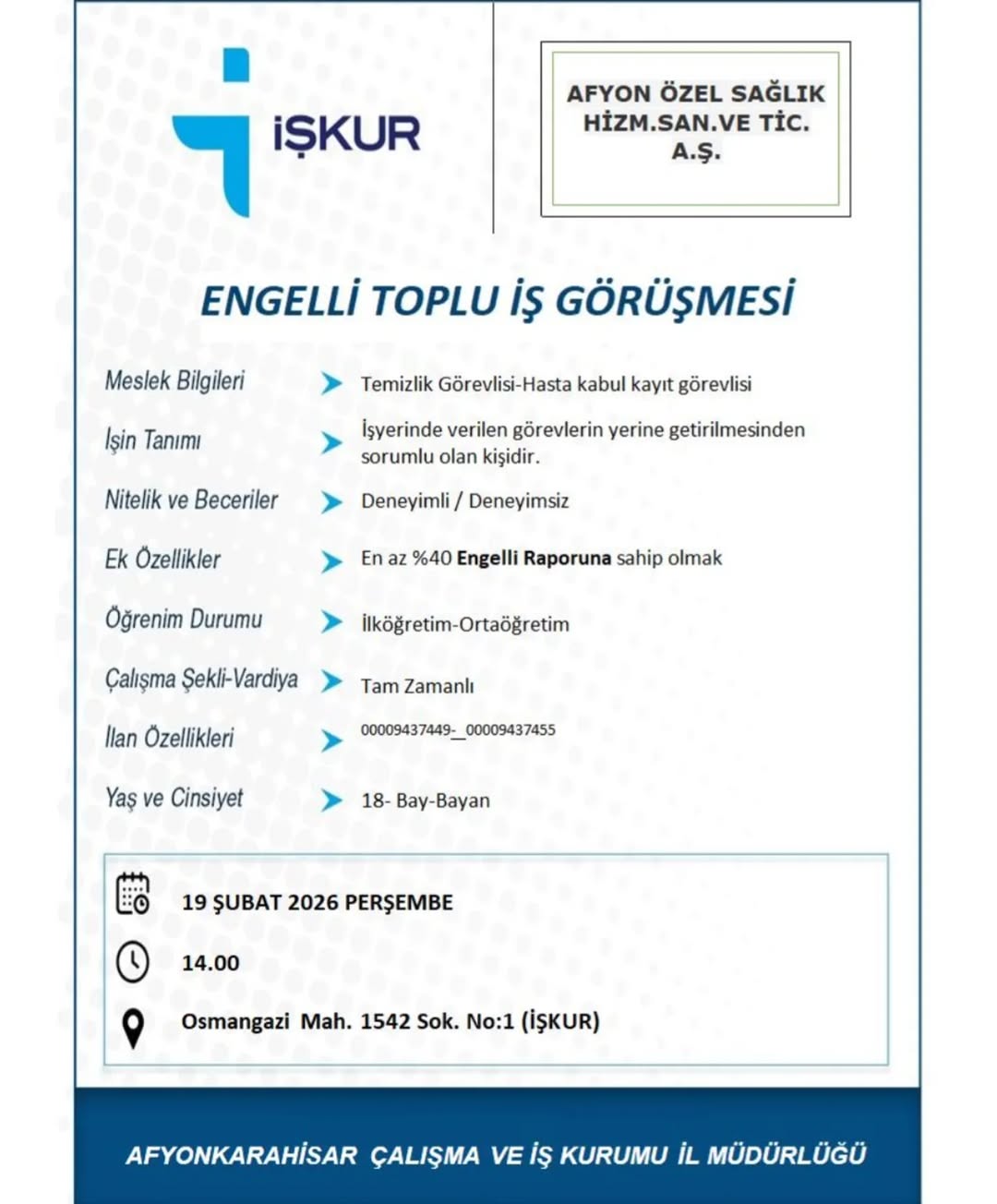 Afyon Özel Sağlık Hizmetleri Engelli Personel Alımı İlanı