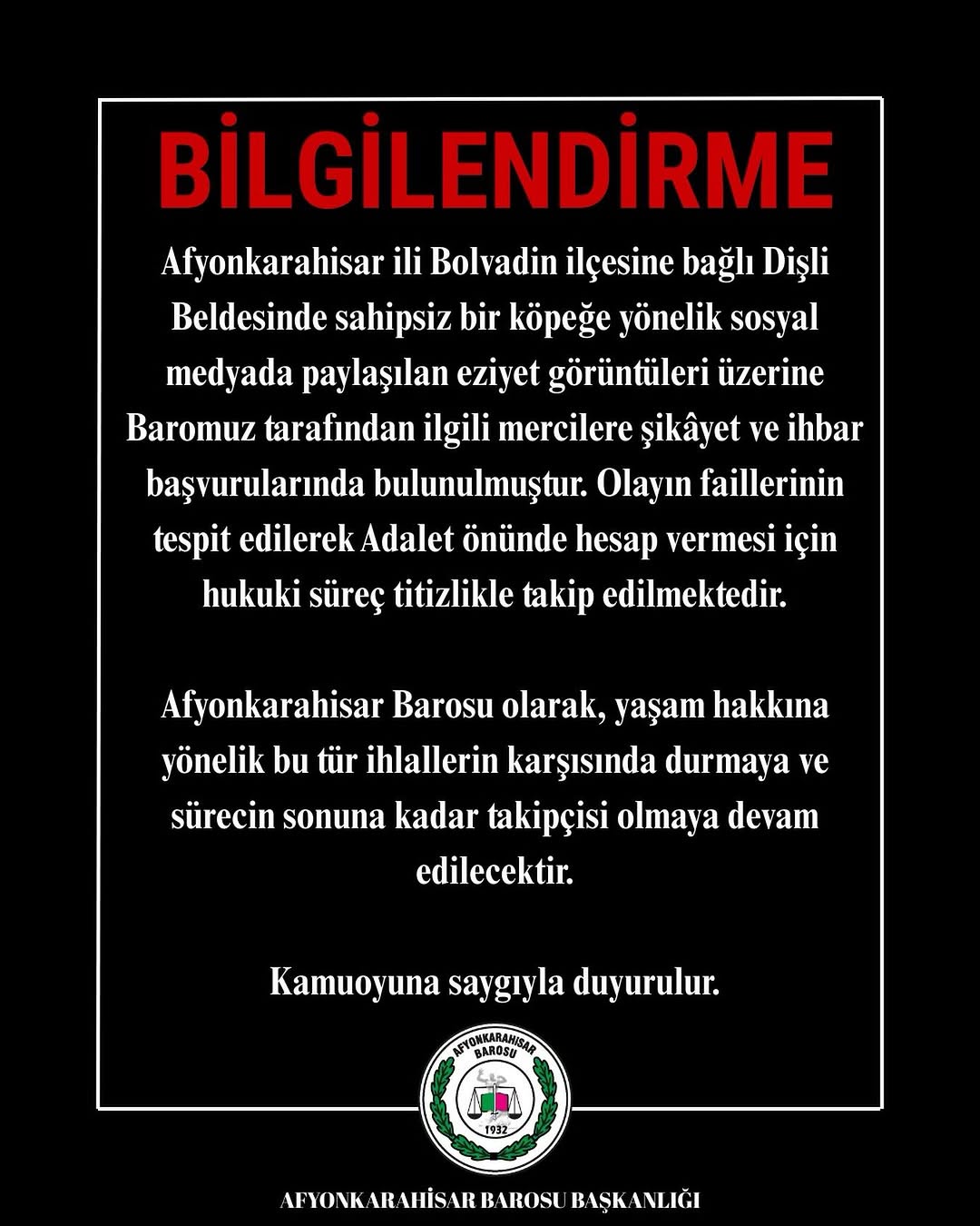 Afyonkarahisar Barosu'ndan Önemli Açıklama: Hayvan İstismarına Karşı Hukuki Süreç Başlatıldı