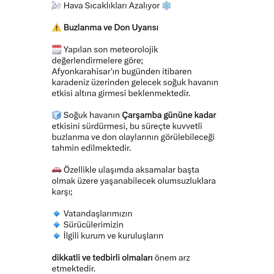 Afyonkarahisar'da Hava Sıcaklıkları Düşüyor: Buzlanma ve Don Uyarısı