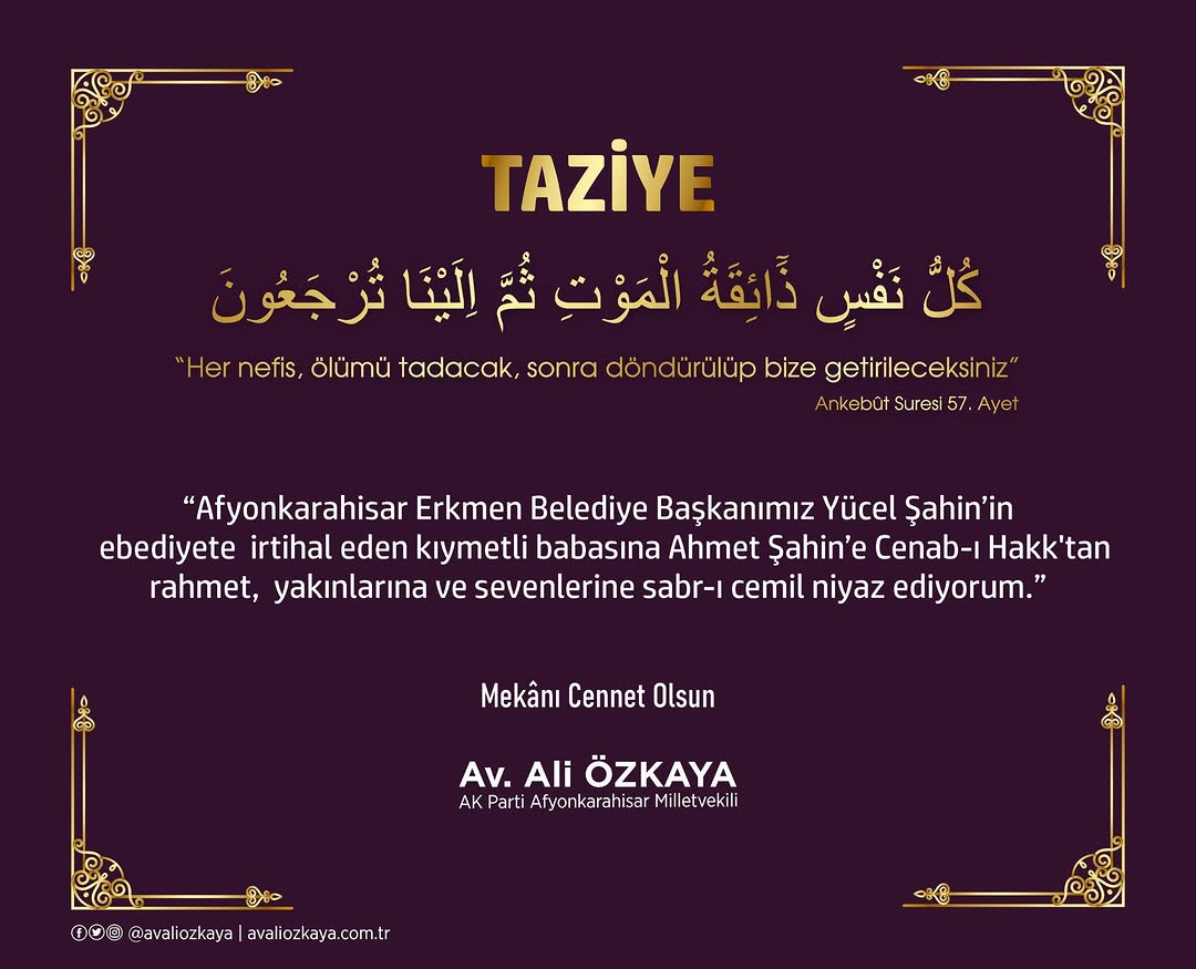 Afyonkarahisar Erkmen Belediye Başkanı Yücel Şahin'den Başsağlığı Mesajı