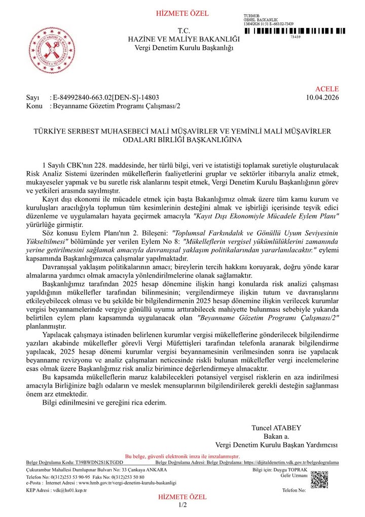 Afyonkarahisar Mali Müşavirler Odası Beyanname Gözetim Programı Çalışması/2 Paylaşımı