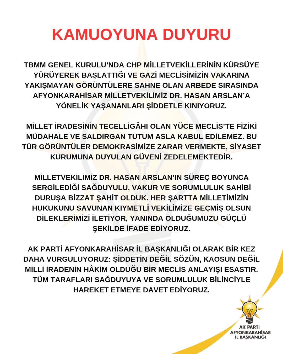 Afyonkarahisar Milletvekiline Yönelik Arbede Kınandı