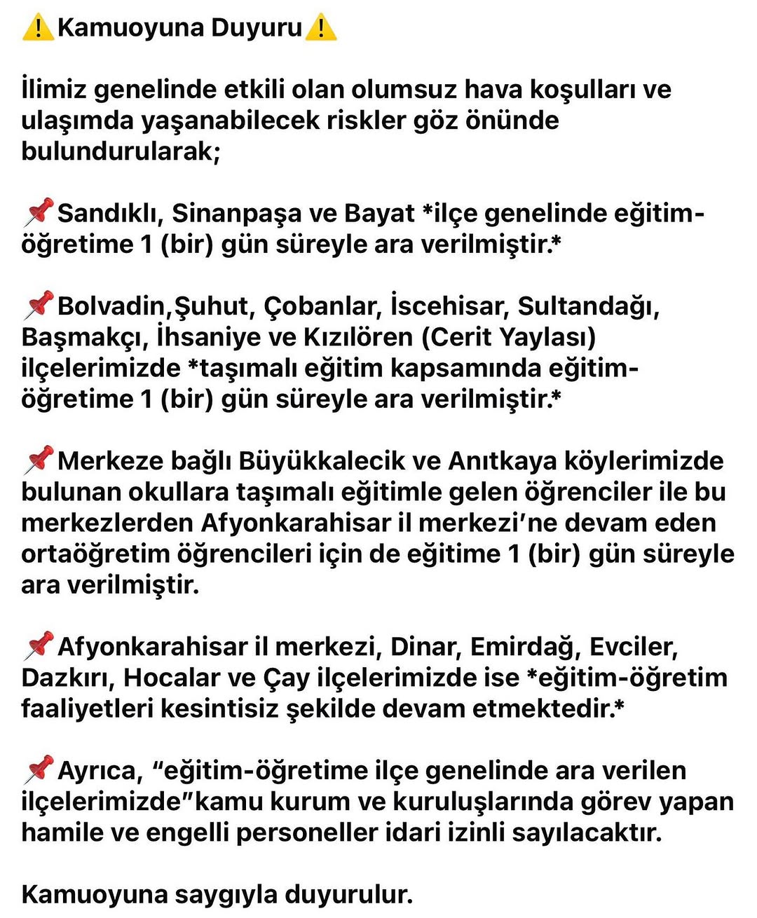 Afyonkarahisar Valiliği'nden Eğitim Açıklaması