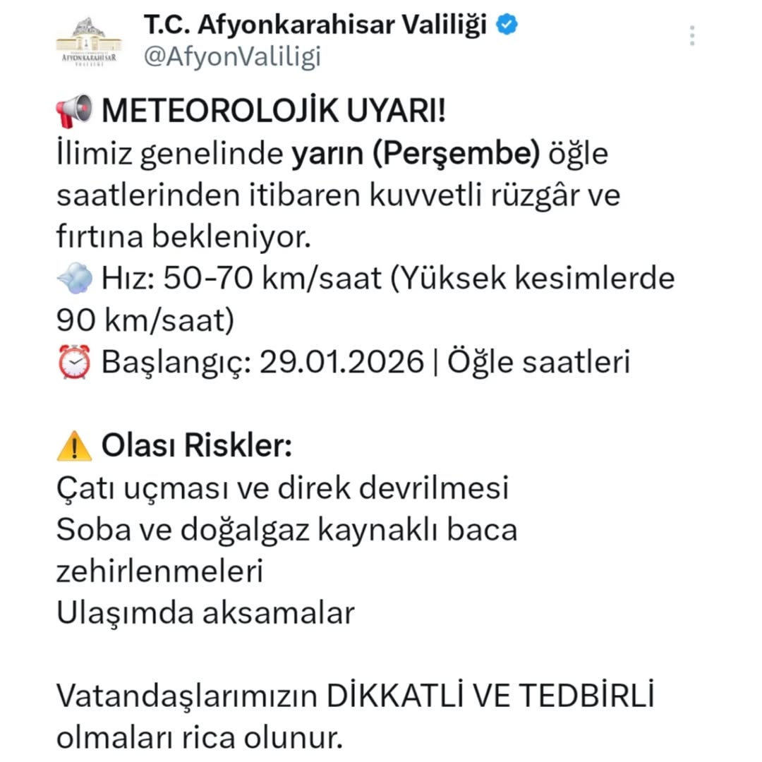 Afyonkarahisar Valiliği'nden Meteorolojik Uyarı: Kuvvetli Rüzgâr ve Fırtına Bekleniyor