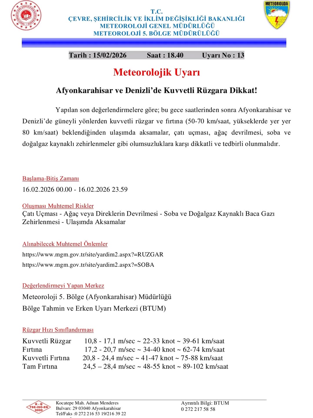 Afyonkarahisar ve Denizli'de Kuvvetli Rüzgara Dikkat! - Meteorolojik Uyarı