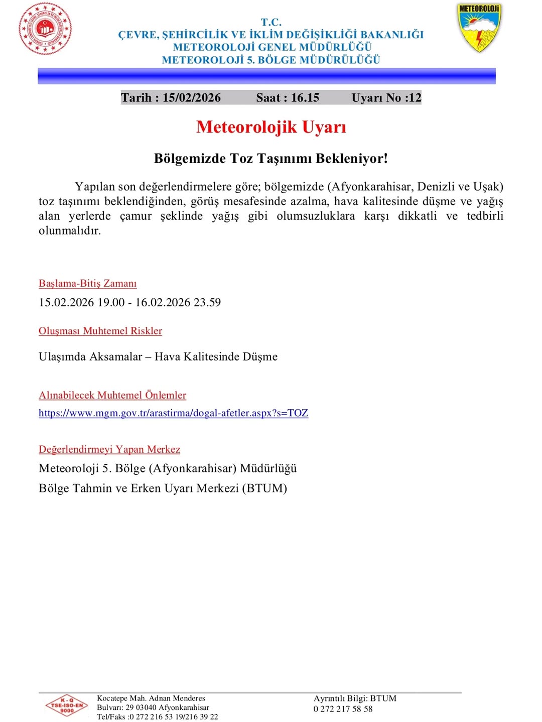Afyonkarahisar ve Denizli'de Toz Taşınımı Bekleniyor!