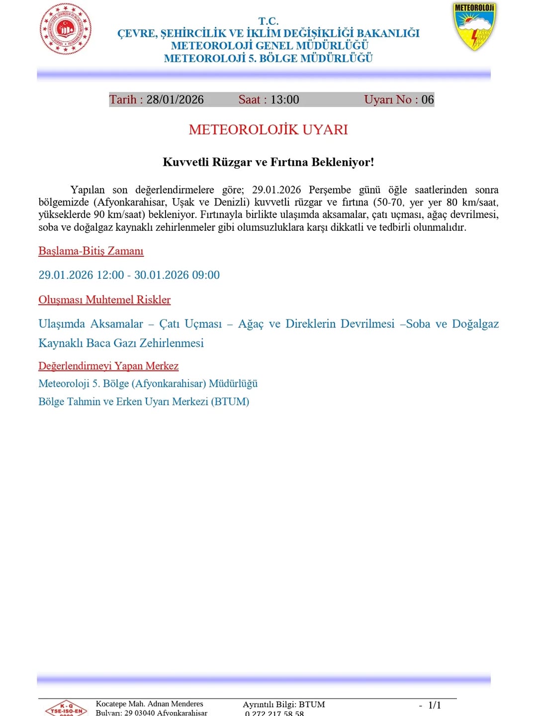 Afyonkarahisar ve Denizli İçin Meteorolojik Uyarı: Kuvvetli Rüzgar ve Fırtınaya Dikkat!