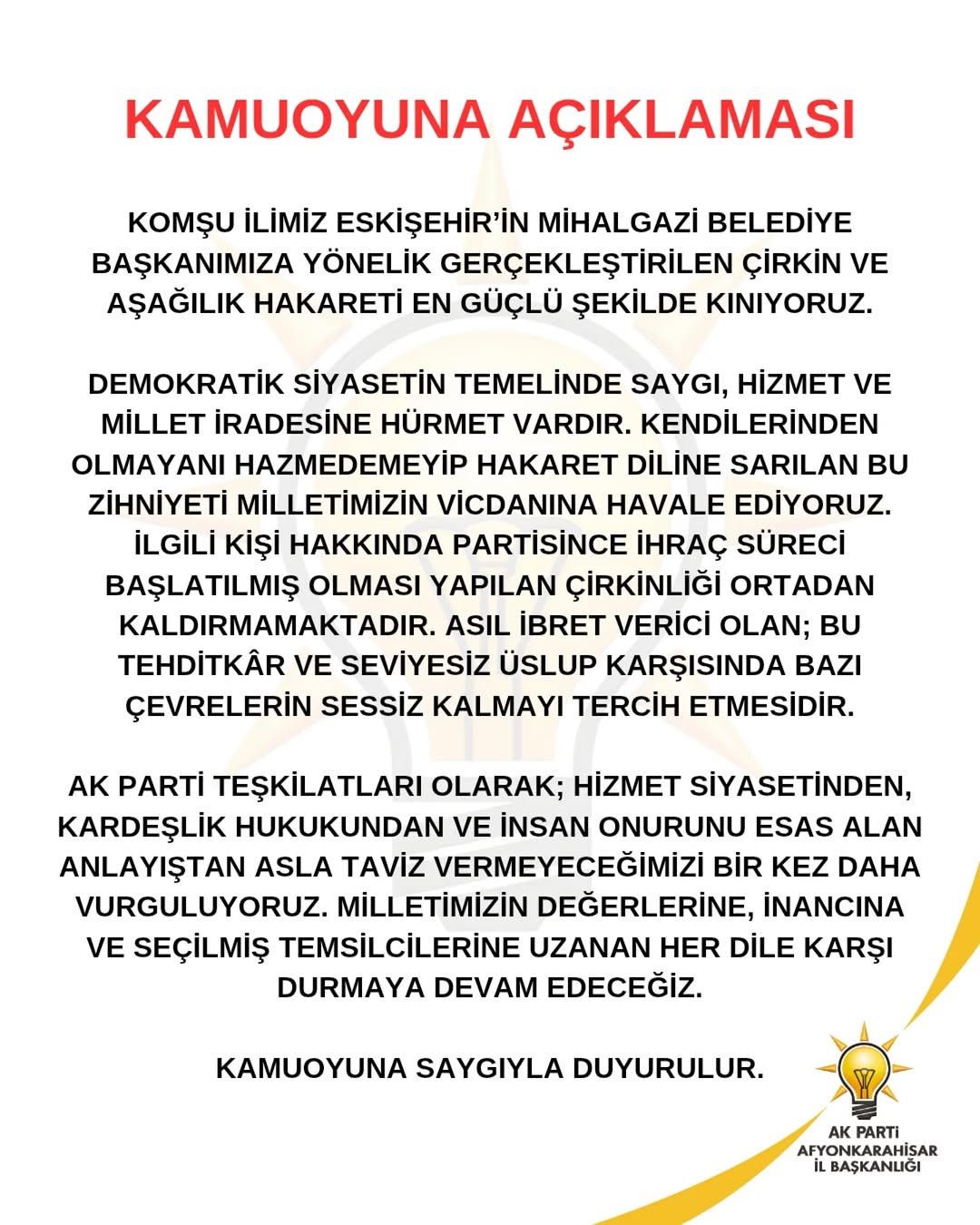 AK Parti Afyonkarahisar İl Başkanlığı'ndan Mihalgazi Belediye Başkanı'na Destek Açıklaması