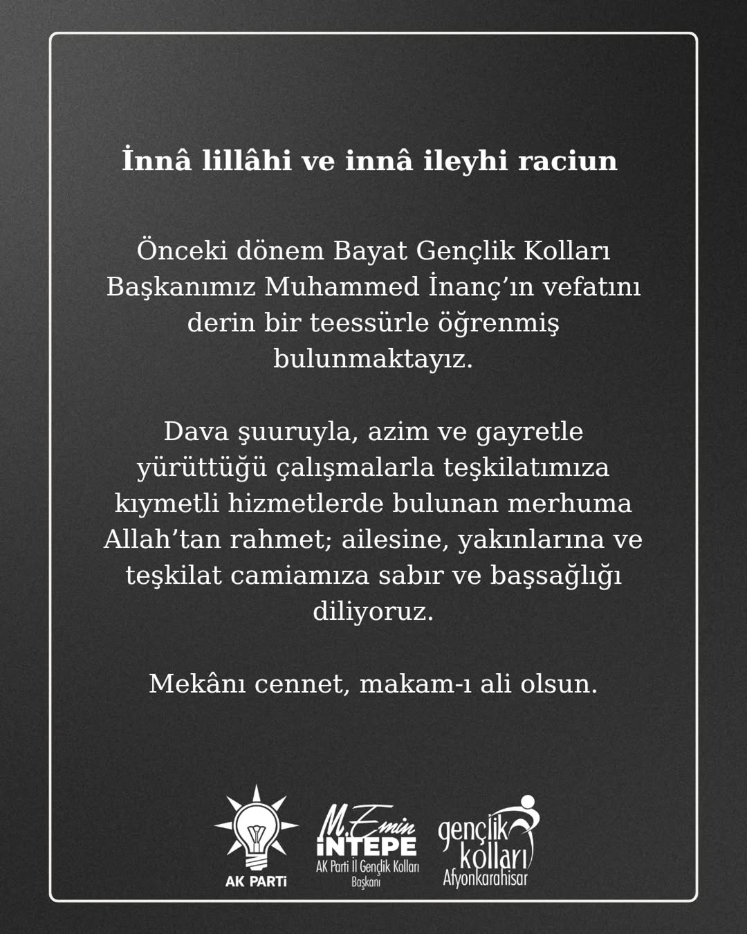 Ak Parti Afyonkarahisar İl Gençlik Kolları Başkanı'ndan Başsağlığı Mesajı