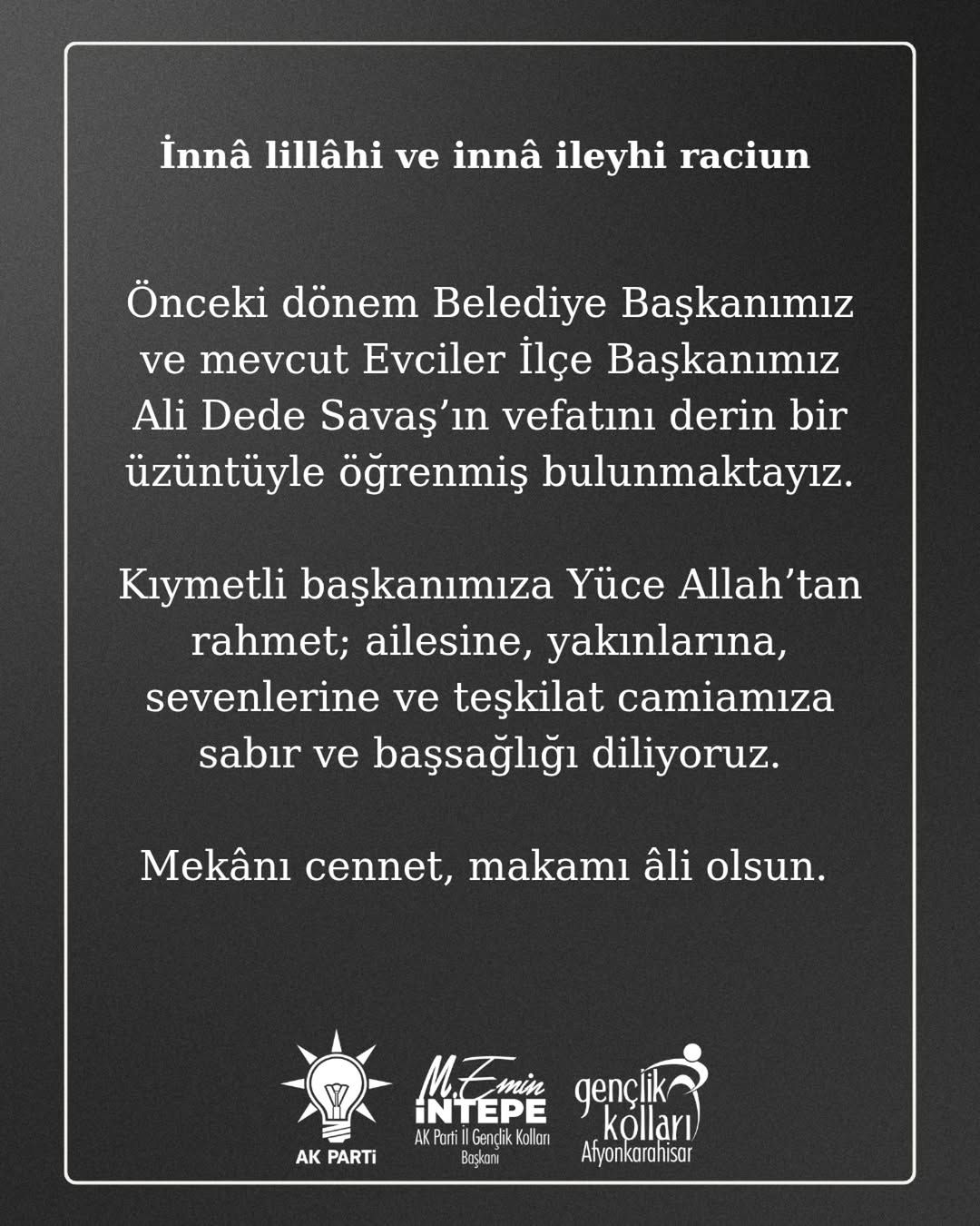 Ak Parti Afyonkarahisar İl Gençlik Kolları Başkanı'ndan Başsağlığı Mesajı