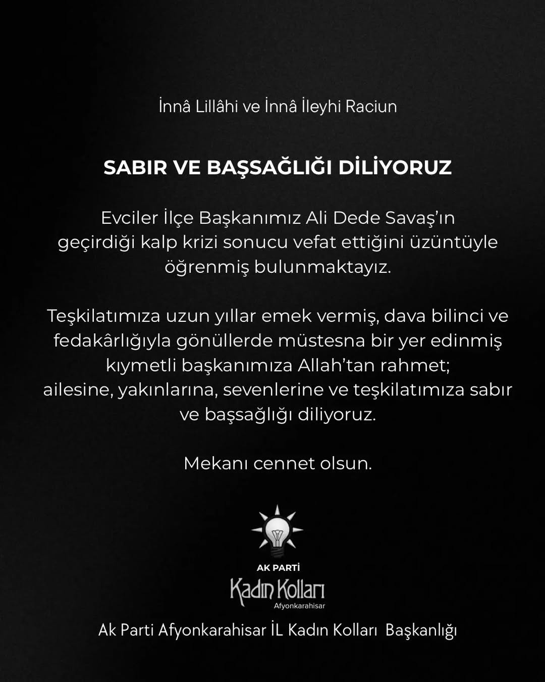 AK Parti Afyonkarahisar İl Kadın Kolları'ndan Başsağlığı Mesajı