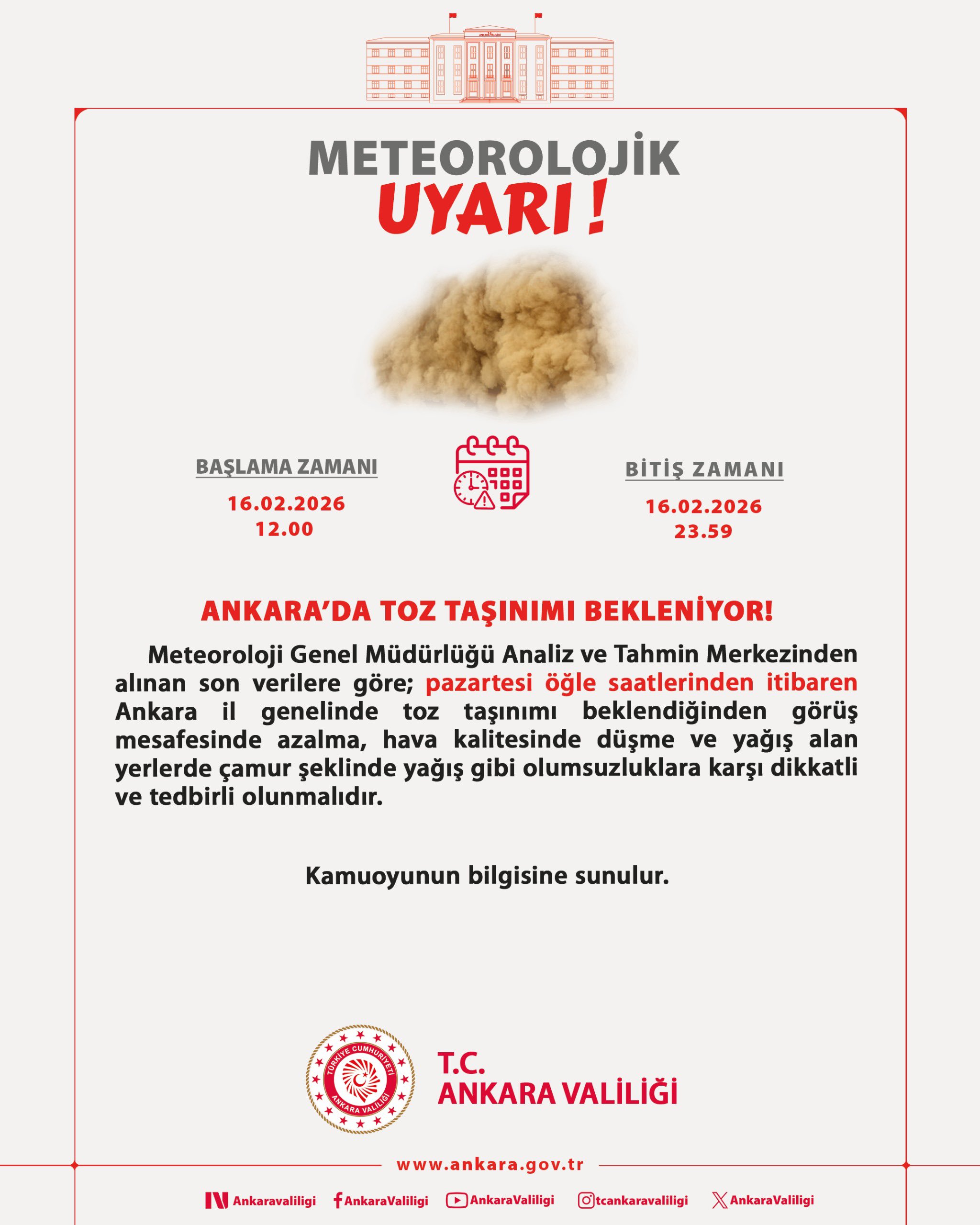 Ankara'da Toz Taşınımı Bekleniyor