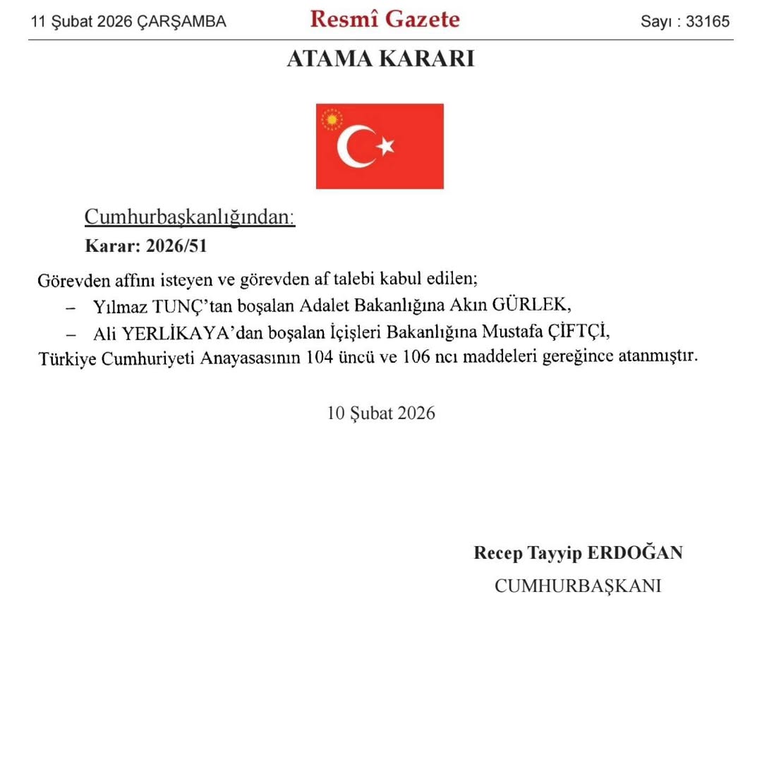 Cumhurbaşkanı Erdoğan'dan Adalet ve İçişleri Bakanlığı Atamaları