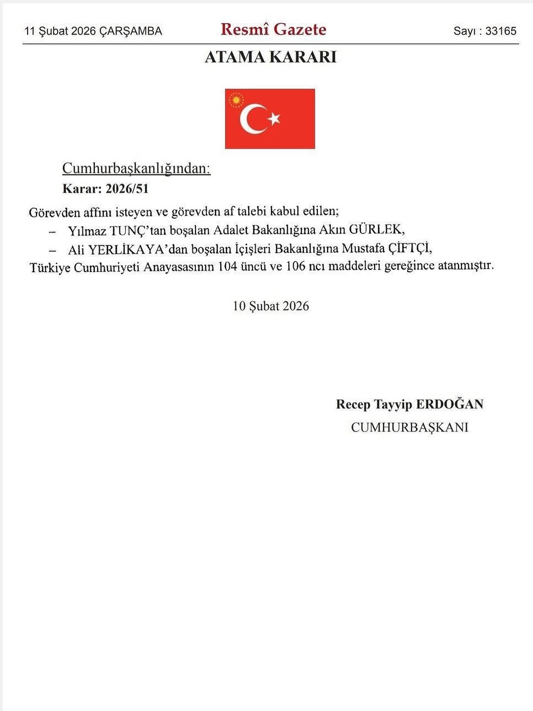 Cumhurbaşkanı Erdoğan'ın Tensipleriyle İçişleri ve Adalet Bakanlığı'na Yeni Atamalar