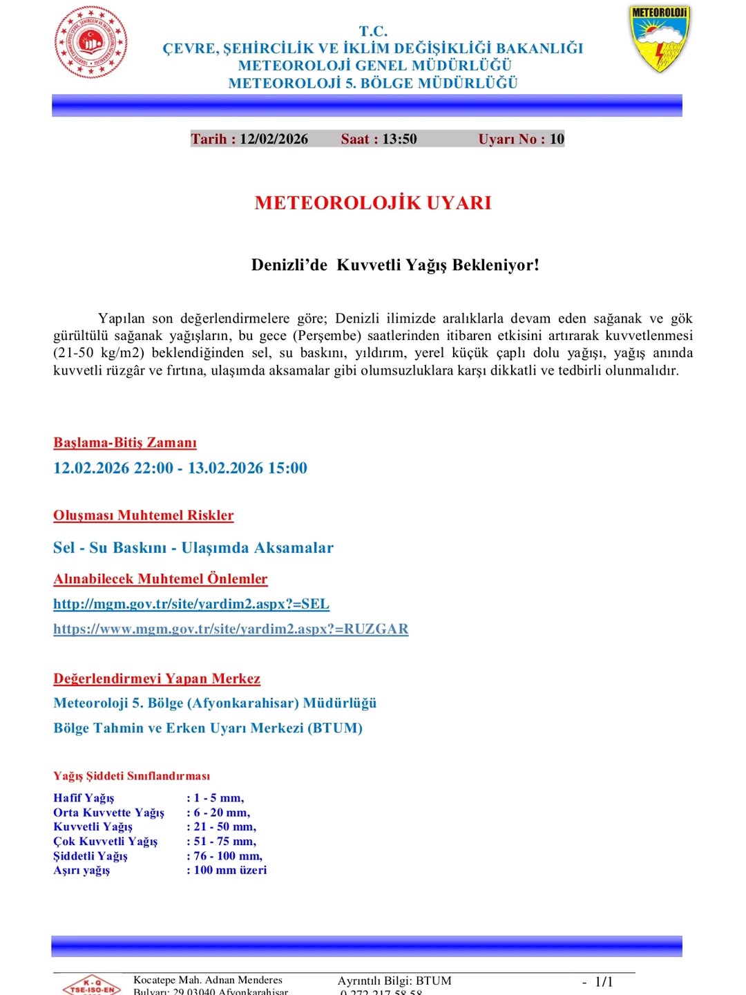 Denizli'de Kuvvetli Yağış Uyarısı!