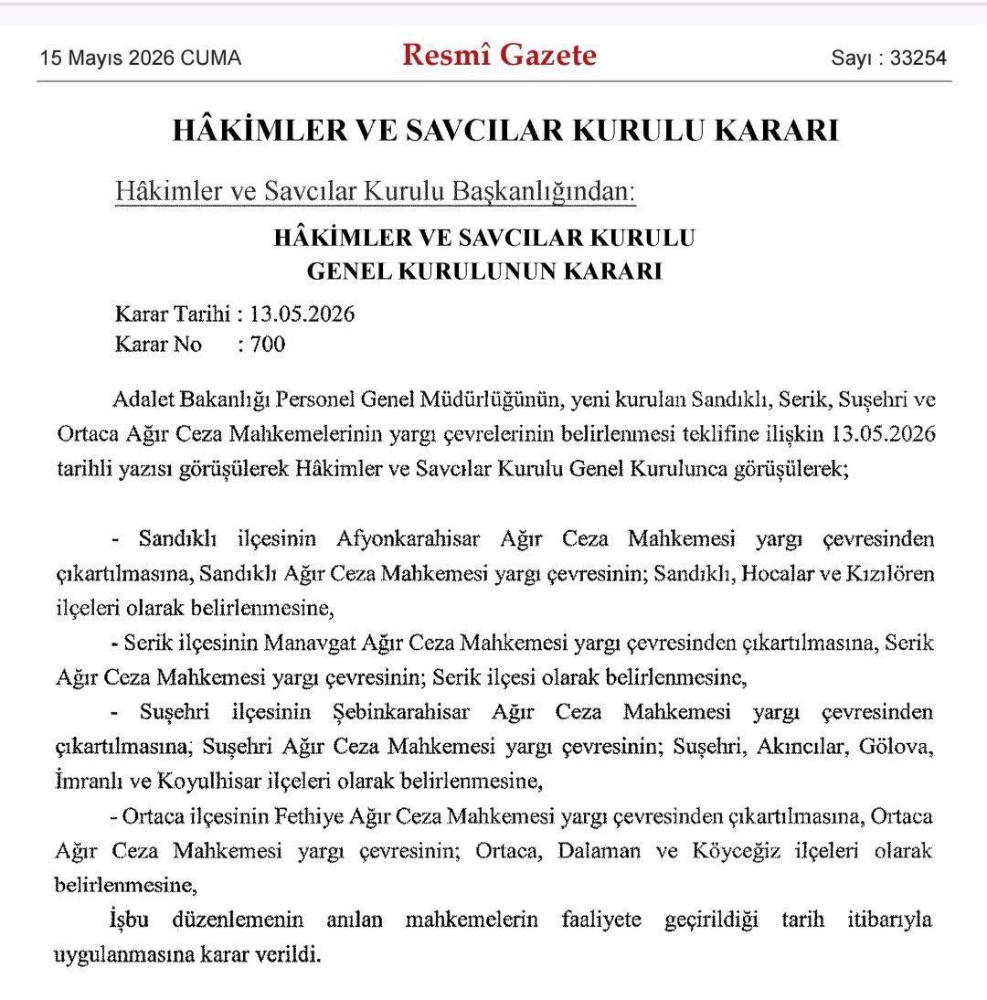 Hâkimler ve Savcılar Kurulu Kararıyla Sandıklı Ağır Ceza Mahkemesi Yargı Çevresi Belirlendi