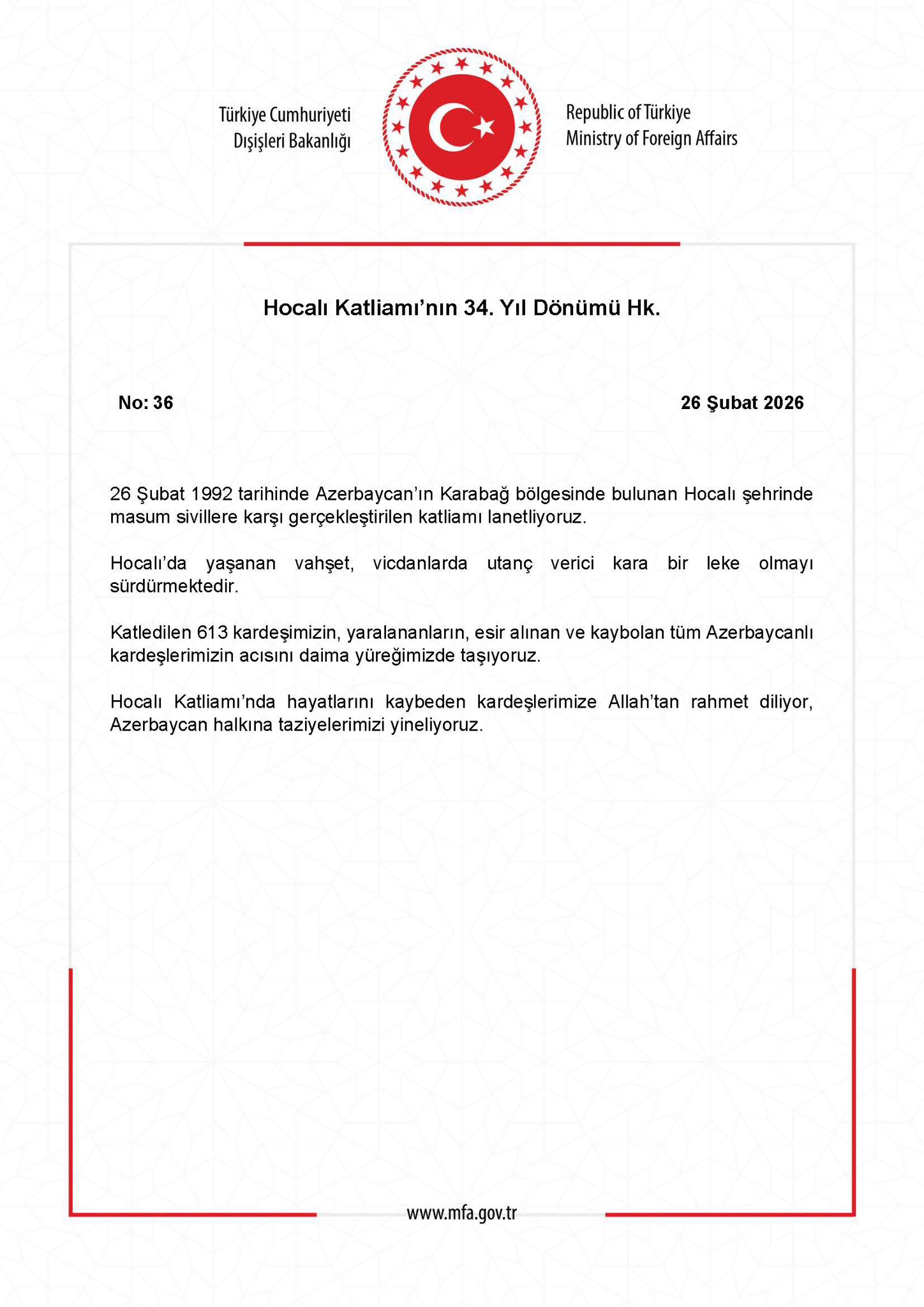 Hocalı Katliamı'nın 34. Yıl Dönümü