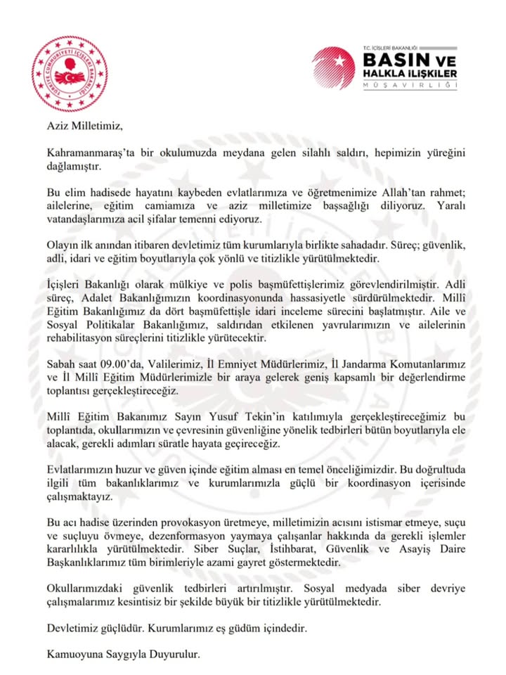 Kahramanmaraş'taki Okul Saldırısıyla İlgili Devlet Kurumlarının Aldığı Tedbirler Neler?