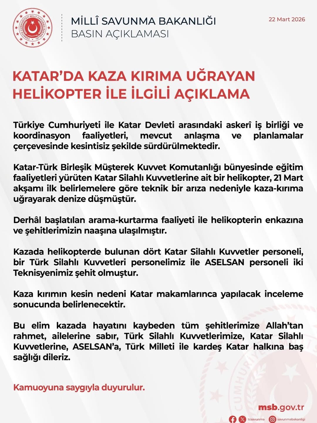 Katar'da Helikopter Kazasında Şehit Olan Türk Silahlı Kuvvetleri Personeline ve ASELSAN Çalışanlarına Başsağlığı