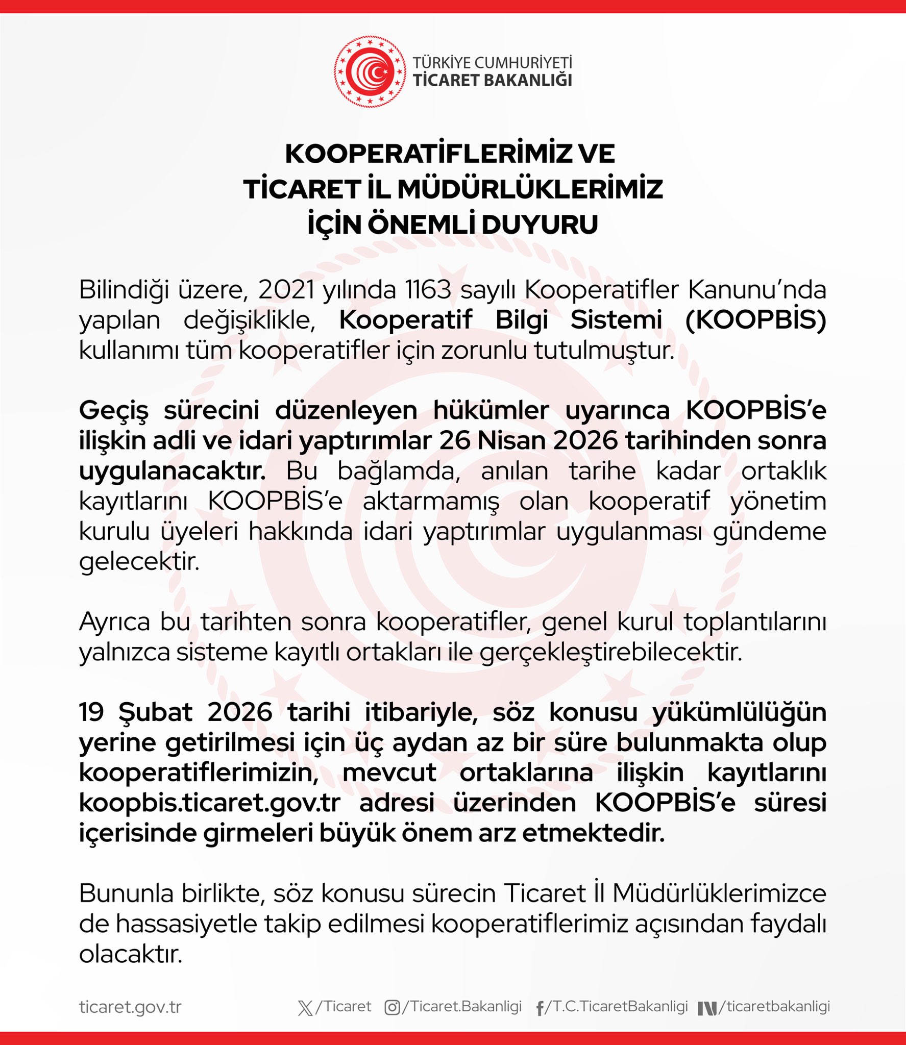 Kooperatifler için önemli duyuru