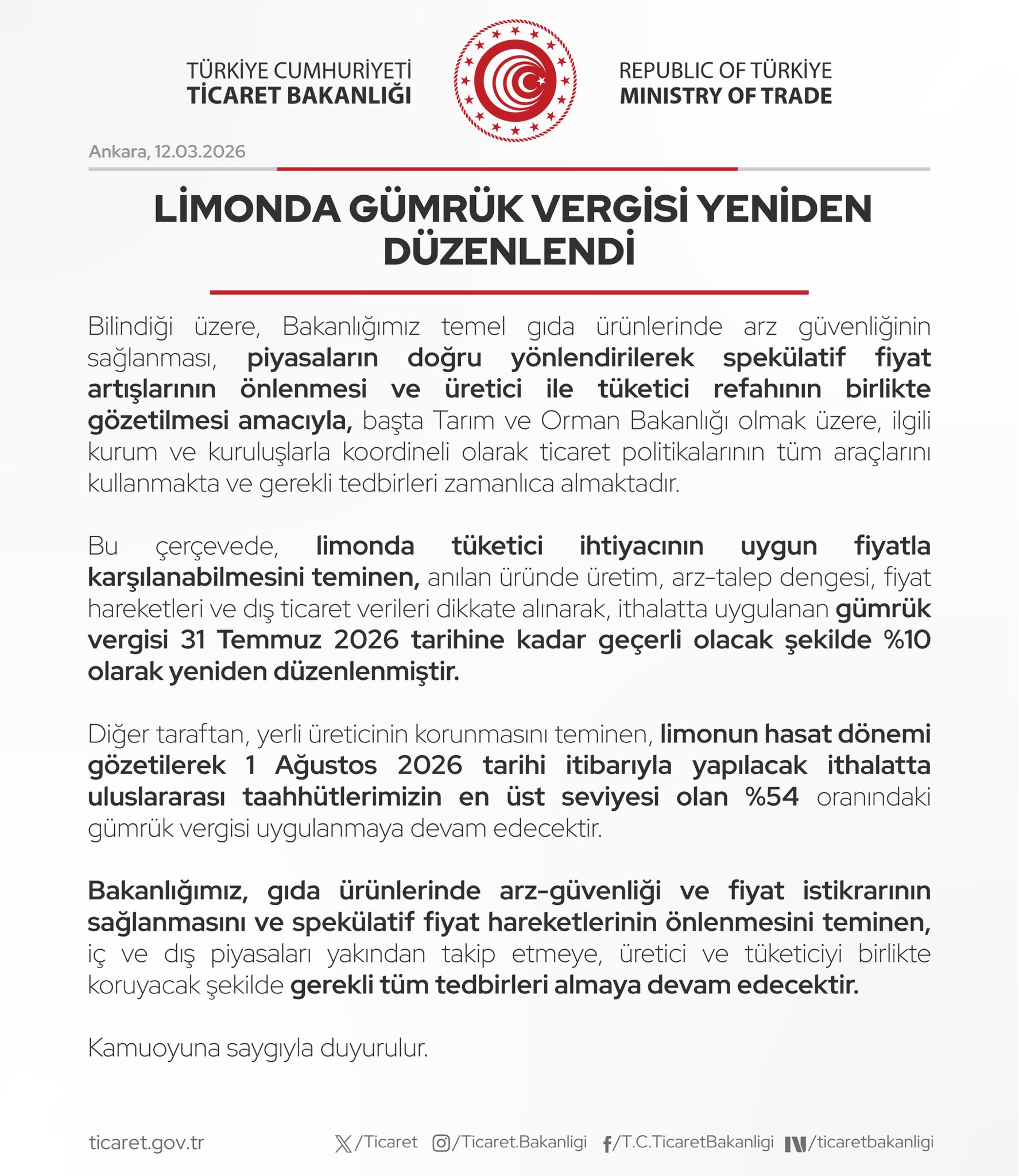Limonda Gümrük Vergisi Değişti