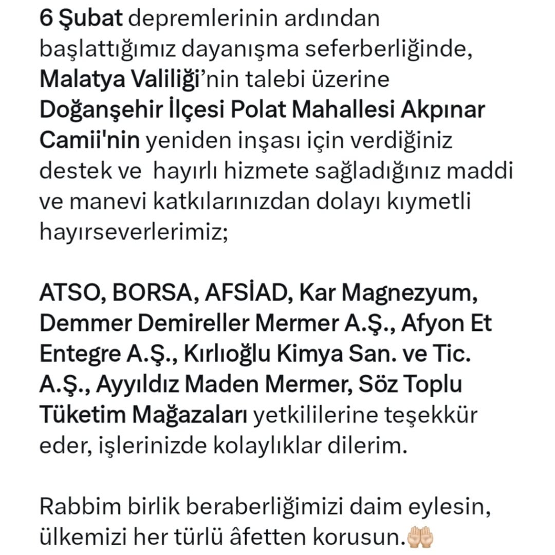 Malatya Valiliği Talebiyle Doğanşehir İlçesi Polat Mahallesi Akpınar Camii'nin Yeniden İnşası İçin Destek Verildi