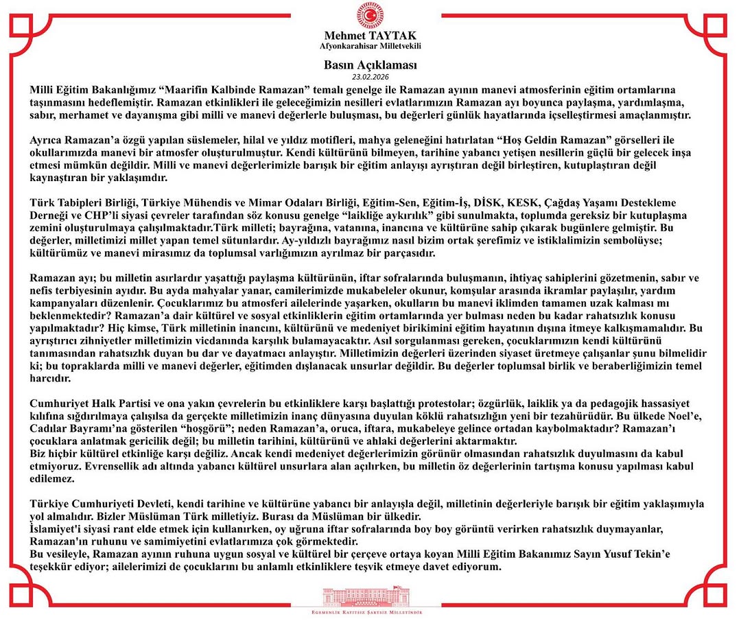 Mhp Afyonkarahisar Milletvekili Mehmet Taytak'tan Milli ve Manevi Değerler Açıklaması