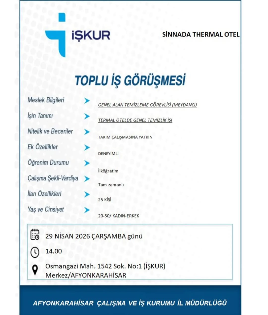 Sinnada Thermal Otel Genel Alan Temizleme Görevlisi İş İlanı