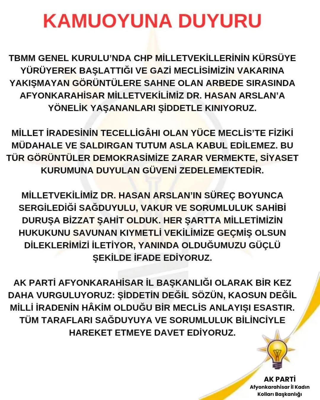 TBMM Genel Kurulu'nda Yaşanan Olaylar Hakkında AK Parti Afyonkarahisar İl Kadın Kolları Açıklaması