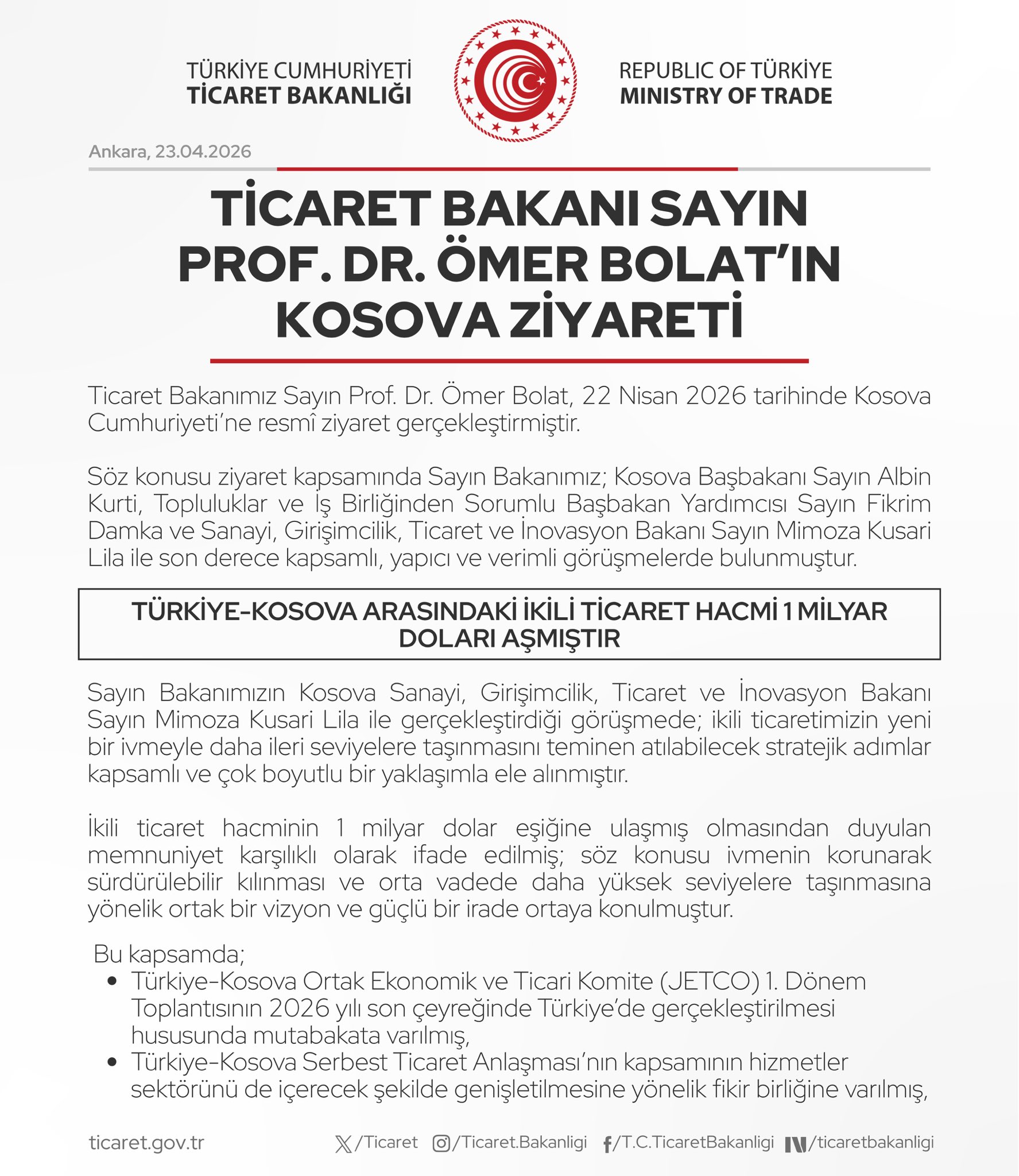 Ticaret Bakanı Ömer Bolat, Kosova'yı Ziyaret Etti