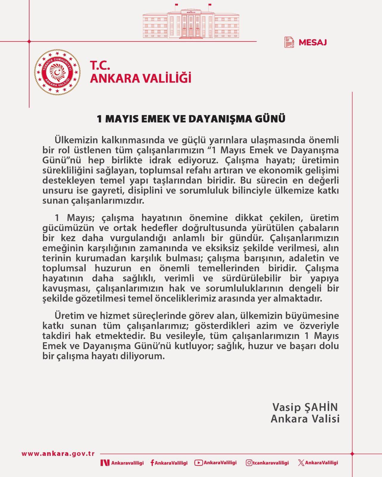 Vali Şahin'den 1 Mayıs Mesajı