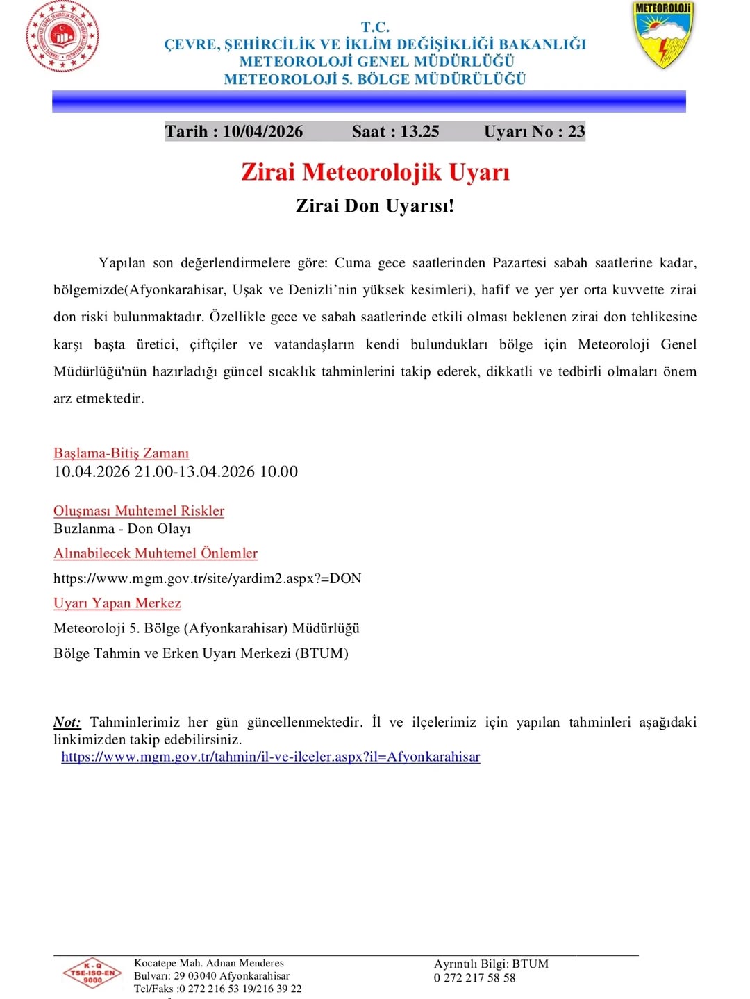 Zirai Don Uyarısı: Afyonkarahisar Meteoroloji 5. Bölge Müdürlüğü'nden Önemli Açıklama