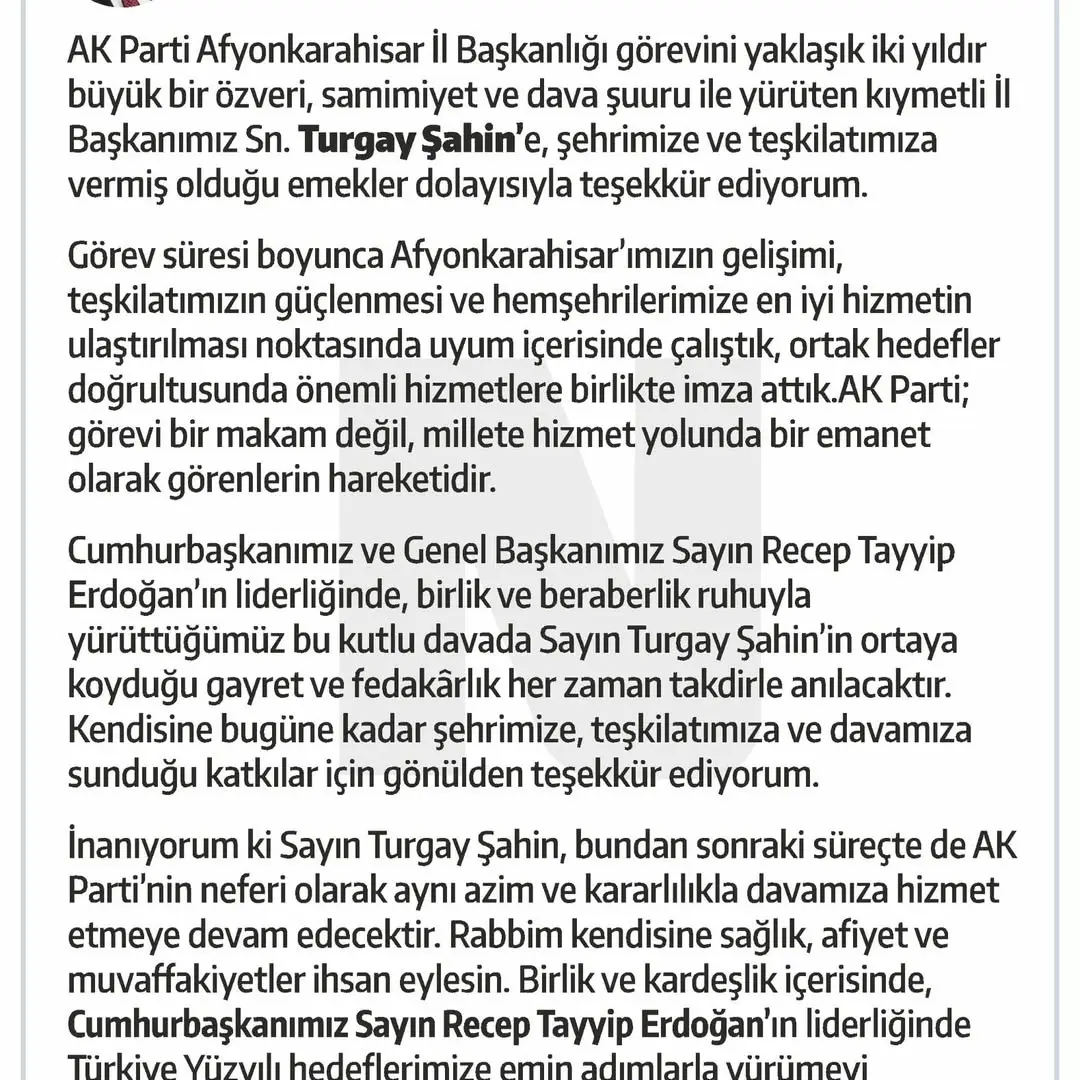 AK Parti Afyonkarahisar İl Başkanı Turgay Şahin'e Teşekkür Mesajı
