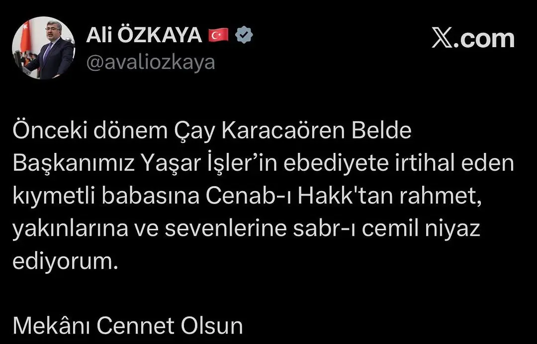 Ak Parti Afyonkarahisar Milletvekili Ali Özkaya'dan Başsağlığı Mesajı