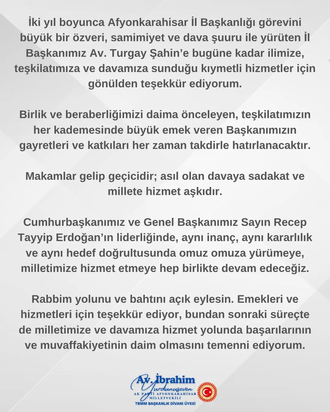 Ak Parti Afyonkarahisar Milletvekili İbrahim Yurdunuseven'den Teşekkür Mesajı