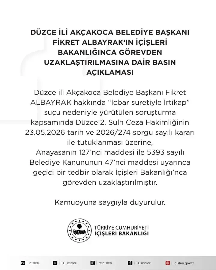 Akçakoca Belediye Başkanı Fikret Albayrak Görevden Uzaklaştırıldı