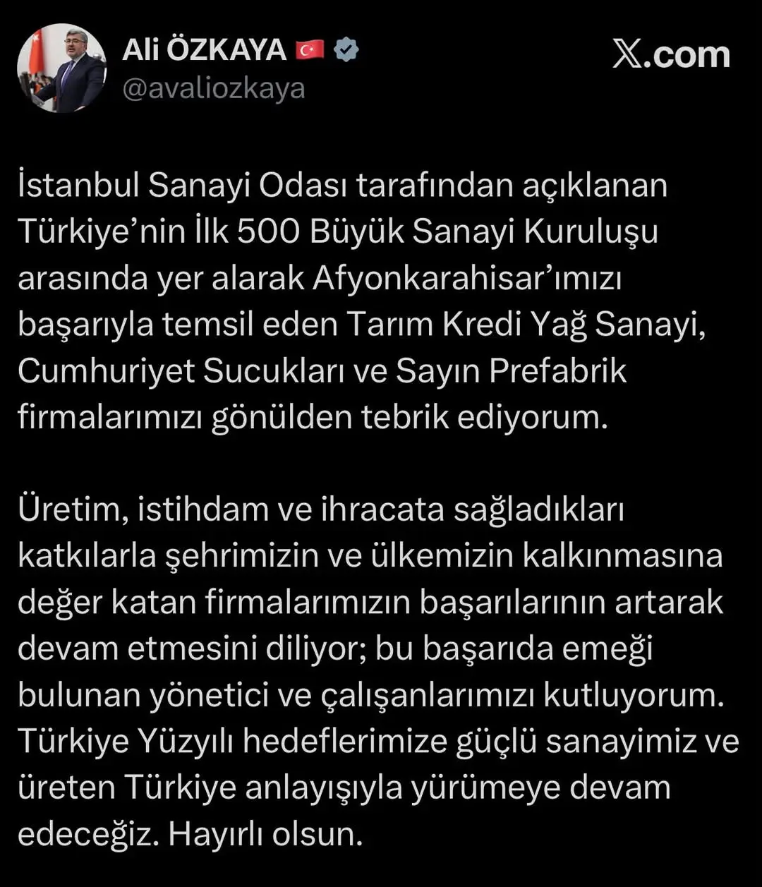 İstanbul Sanayi Odası tarafından açıklanan Türkiye’nin İlk 500 Büyük Sanayi Kuruluşu arasında yer alarak...