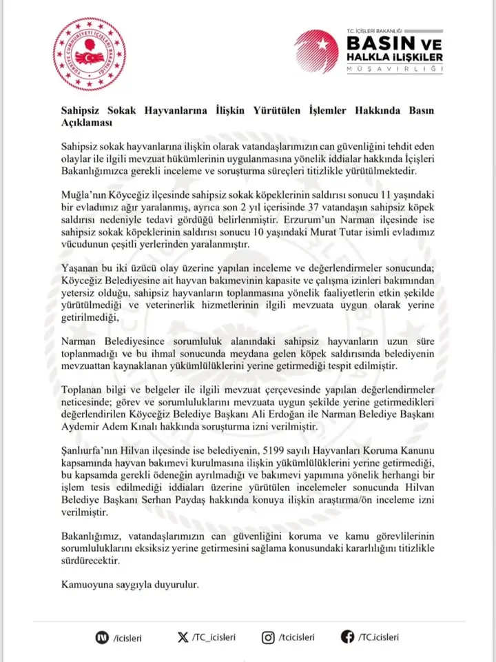 Sahipsiz Sokak Hayvanları Konusunda İçişleri Bakanlığından Açıklama