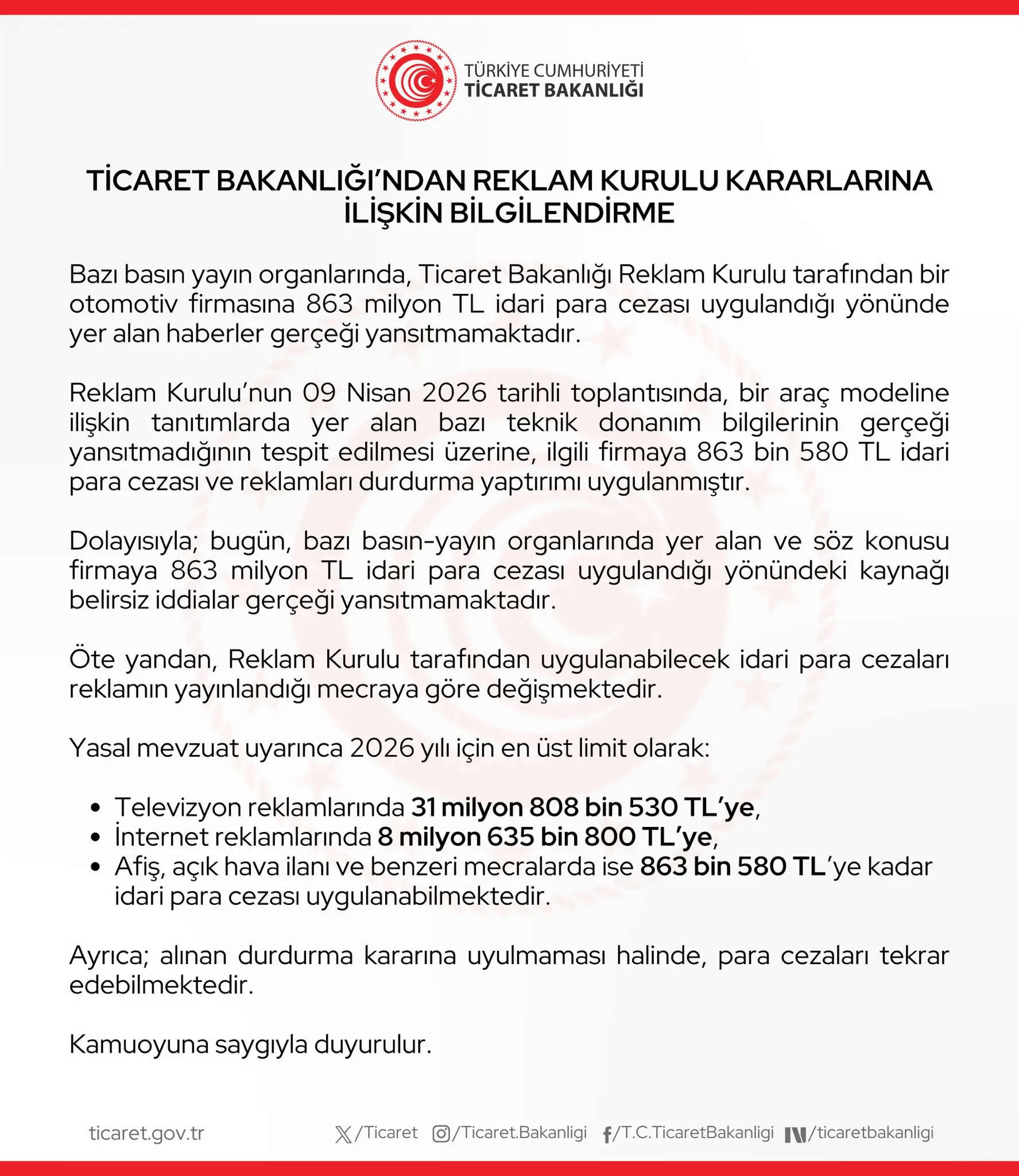 Ticaret Bakanlığı'ndan Reklam Kurulu Açıklaması